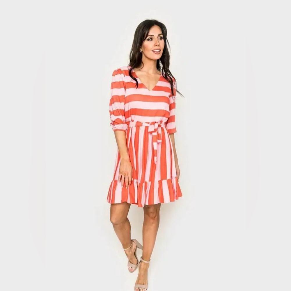 Gibsonlook Womens Blissful Blouson Sleeve V-Neck Dress Pink Coral Ruffle Hem Med